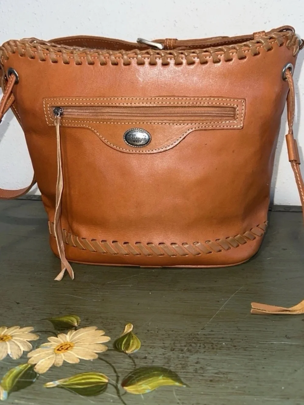 Handcrafted Brown Leather Dreamcatcher Fridge Shoulder Bag with Turquoise Accent